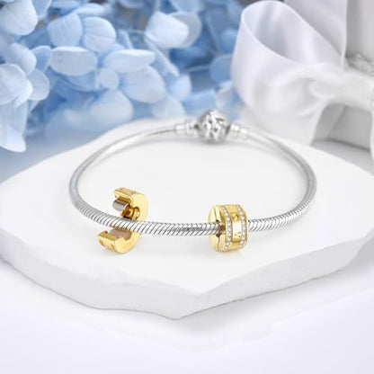 DALARAN Stopper Beads for Bracelets 925 Sterling Silver Clip Spacer Charm Bracelet Stoppers - style: Gold Clip StopCharms-Love