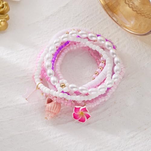 Boho Stackable Beaded Bracelet Set, Pink, Starfish Shell Pearl Charms, Elastic Handmade Layered Stretch Bracelets, Summer Beach Holiday Jewelry for Women - color: Pink B