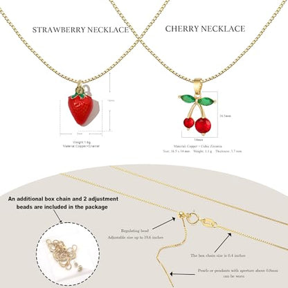 Double Pendant Necklace for Women 18k Gold Plated Necklace Cubic Zirconia Dainty Gold Necklaces for Women - style: Strawberry & Cherry