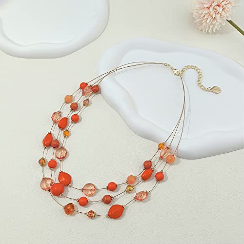 Coiris 3 Layers Illusion Wire Beaded Statement 19.5" Necklace for Women - color: N0005-Orange