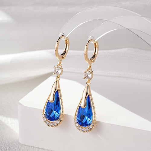 Trendy Austrian Crystal Teardrop Drop Huggie Dangle Earrings for Women 14k Rose Gold Plated Hypoallergenic Jewelry Gifts - color: Blue