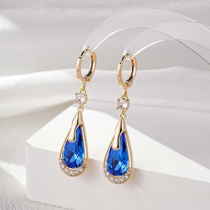 Trendy Austrian Crystal Teardrop Drop Huggie Dangle Earrings for Women 14k Rose Gold Plated Hypoallergenic Jewelry Gifts - color: Blue