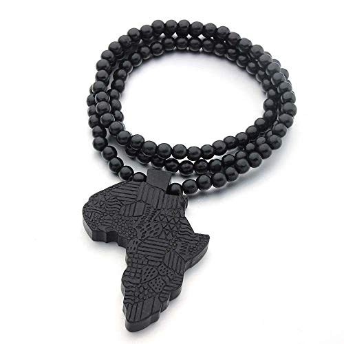 COLORFUL BLING Multicolor 8MM Wooden Bead Chain African Hip-hop Africa Map Pendant Necklace for Men Boys Natural Wood Jewelry - color: style2 black