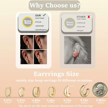 6 Pairs Gold Hoop Earrings Set for Women, 14K Gold Plated Lightweight Chunky Twisted Huggie Hoops, Hypoallergenic Small Thick Hoop Multipack Jewelry Gift - color: Chunky Gold