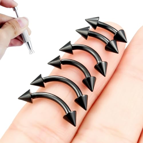 Internally Threaded Eyebrow Piercing Jewelry Surgical Steel Tiny Eyebrow Rings Vertical Labret Lip Jewelry Small Ear Rook Earring for Women Men 18g 16g 14g Plus Piercing Ball Grabber Tool - color: black, size: 14g,spike end