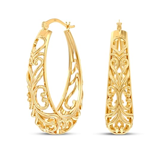 LeCalla 925 Sterling Silver Chunky Hoop Earrings | Filigree Heart Hoop Earrings for Women | Oval & Round Mesh Filigree Click-Top Hoops Earring | Hypoallergenic Earrings for Women - color: Yellow Gold Oval Heart Filigree 28MM