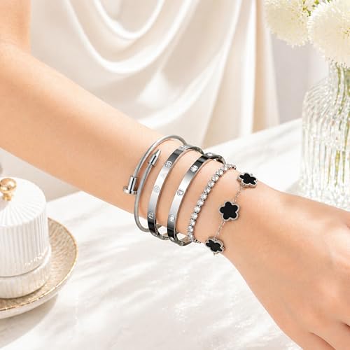 18K Gold Plated Love Bangle Bracelet Stack for Women, Adjustable Clover Bracelet & CZ Tennis Chain Set, Stackable Layered Jewelry, Fade Resistant, Long-Lasting Luster for Daily Wear & Gift - color: 5Pcs Silver Black