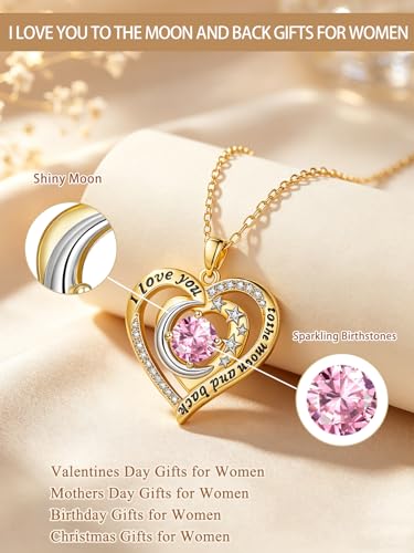 14K Gold I Love You to the Moon and Back Necklace for Women, Double Heart Birthstone Necklace, Moon Star Love Jewelry, Christmas Valentines Mothers Day Birthday Gifts for Wife Mom Girlfriend - color: 10-Oct Birthstone