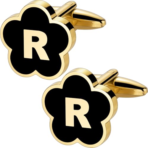 Initial Cufflinks for Mens,Personalized Black Glod Pated Letter Shirts CuffLinks,Stainless Steel Cuff Links, Business Wedding Gift A-Z - style: Letter R