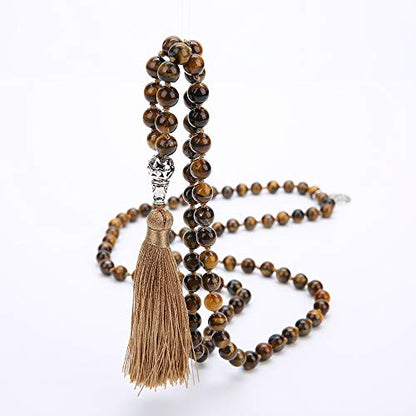 108 Mala Beads Necklace Semi-Precious Gem Stones Meditation Necklace 108 Hand Knotted Japa Mala Beaded Tassel Necklace with Tree of Life Pendant - color: Natural Tiger Eye