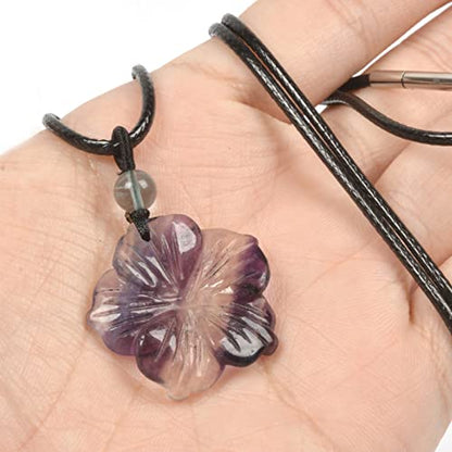 Justinstones Hand Carved Healing Crystals Gemstone Hawaii Flower Pendant Hand Weaving Wax Rope Necklace 22 inch - color: Rainbow Fluorite