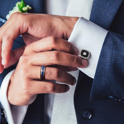King Will Black Tungsten Rings for Men Hammer Wedding Band | Black, Grooved, Hammer Wedding Band Gold Groove, Sand Inlay, Everyday Wear - color: Blue Green Opal & Golden Foil