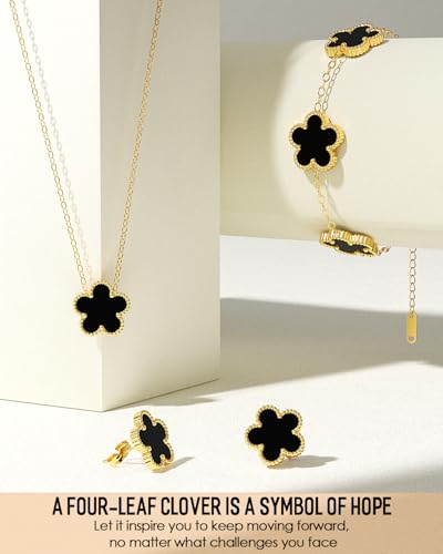 AICase Clover Jewelry Set,18K Gold Plated Lucky Clover Bracelet,Four Leaf Clover Necklace and Clover Earrings Fashion Jewelry Sets Gifts for Women/Mon - color: Black