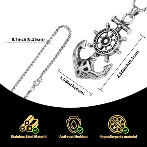 Stainless Steel Gothic Y2K Punk Rock Emo Biker Pendant Necklace | Cosplay Vintage Viking Alt Edgy Fashion Charm Necklace Jewelry for Men Women Active Daily Wear - style: Viking Ship Rudder Anchor
