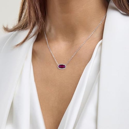 Belacqua Gemstone Necklace in Sterling Silver,Halo Pendant with Accent, Oval Cut 6 * 12mm, 15" Cable Chain with 2" Extender, Spring Ring Clasp, Dainty Birthstone Necklace for Women, Gift Box Included - color: 07-July-Siam Ruby Red