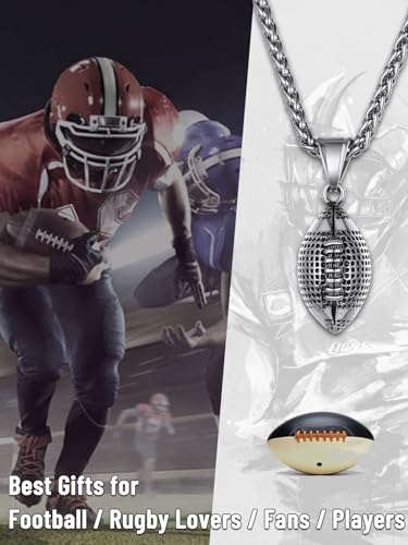 GOLDCHIC JEWELRY Sport Necklaces for Men Teen, Football Baseball Soccer Basketball Softball Necklaces with Stainless Steel Chain Athlete Jewelry Sports Fan Gift - color: American Football Pendant-Steel, style: NO Engraving