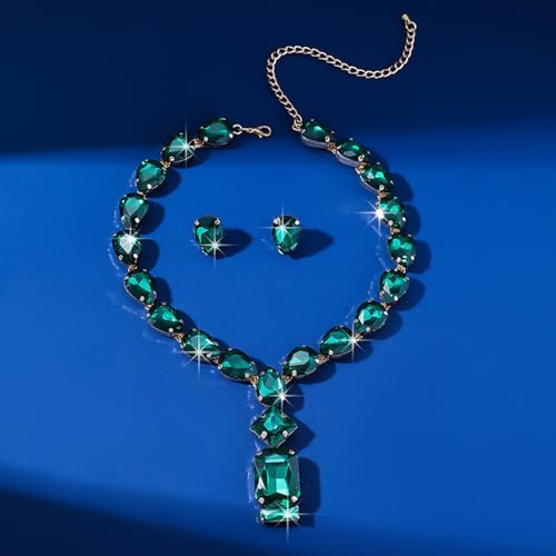Fashion Colorful Green Silver Bridal Teardrop Crystal Necklace Earrings Set Square Necklace Pendant Crystal Wedding Jewelry for Women Exaggeration Halloween Choker Necklace Earrings Set for Women - color: Green