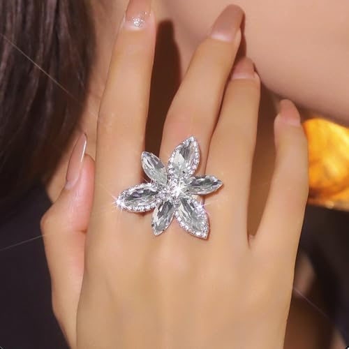 Sparkling Rhinestone Ring Bohemia Thick Large Oval Geometric Ring Square Princess Rings Fashion Heart Zircon Crystal Ring Prom Wedding Party Ball Rings for Women - color: White Flowers