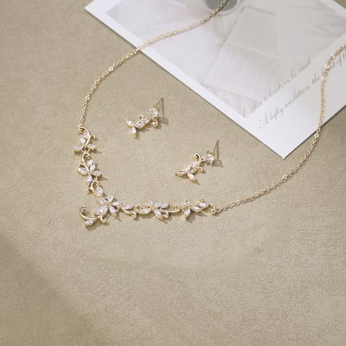 Crysdue Flower Leaf Wedding Jewelry Set for Bridal Bridemaid, Cubic Zirconia Teardrop Elegant Silver/14K/Rose Gold Plated Vine Necklace Dangle Earrings for Prom Party - style: A_Gold Tone