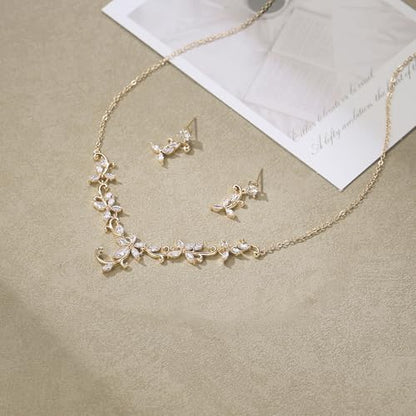 Crysdue Flower Leaf Wedding Jewelry Set for Bridal Bridemaid, Cubic Zirconia Teardrop Elegant Silver/14K/Rose Gold Plated Vine Necklace Dangle Earrings for Prom Party - style: A_Gold Tone