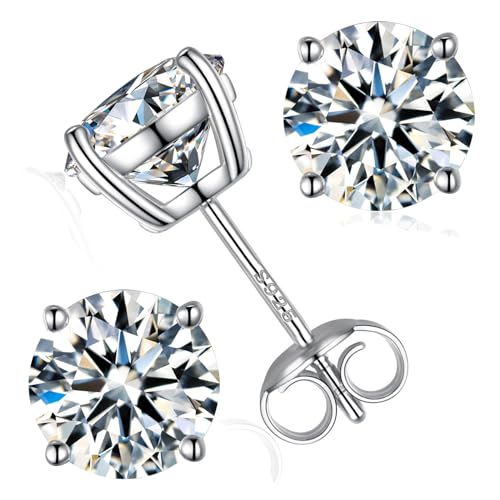 Moissanite Stud Earrings, Round Cut D Color VVS1 Clarity Lab Created Moissanite Earrings Studs 18K White Gold Plated 925 Sterling Silver Jewelry for Women Men - color: Silver _ 4 Prong, size: 3 CTW (1.5 Ct Each)