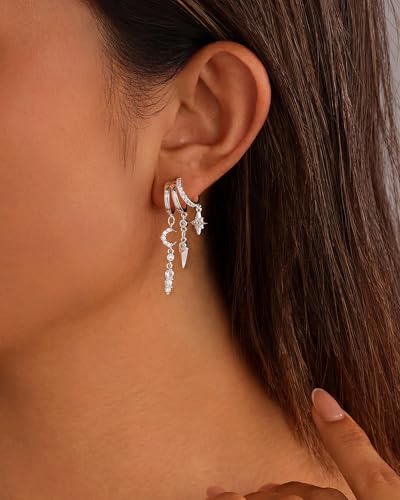 Gold Dangle Earrings for Women, 14k Gold Plated Stacked Triple Hoop Illusion Earrings Cubic Zirconia Huggie Earrings for Women Trendy - color: Star and Moon Silver Earrings