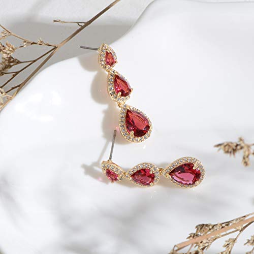 Women's Cubic Zirconia Bridal Earrings - Elegant Long Wedding Party Prom Earring for Bride Bridesmaids Crystal CZ Rhinestone Chandelier Statement Dangle Drop Earrings for Women - color: Red