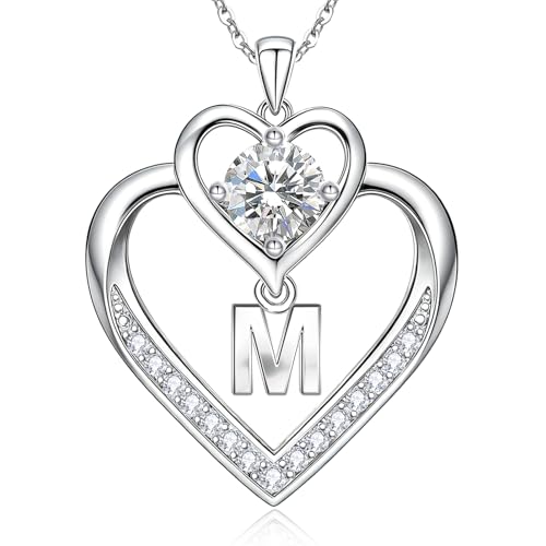 RIVIKO 1 Carat Moissanite Heart Initial Necklace for Women,Letter Pendant | 925 Sterling Silver Chain,Personalized Jewelry,Anniversary Birthday Gifts for Wife Friend Mom - color: Letter M