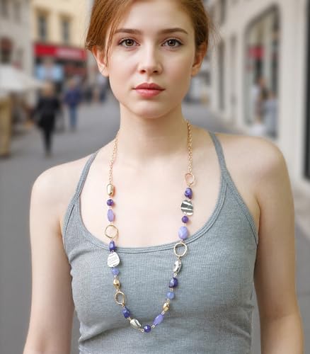 Long Gold Boho Necklaces for Women Beaded Statement Chain Long Necklace Gold Costume Jewelry Birthday Gifts for Her - color: 93-Dark Blue