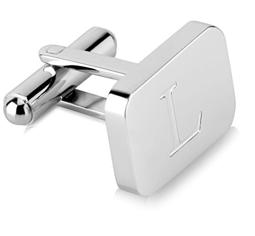 18K White-Gold Plated Initial Engraved Stainless Steel Men’s Cufflinks With Gift Box -Personalized Alphabet Letter’s A-Z By Lux & Pair - style: L- White Gold