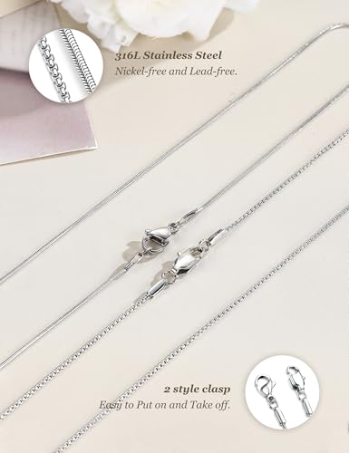 LOLIAS 2Pcs Stainless Steel Chain Necklace for Women Silver Tone | 1mm Non Tarnish Thin & Strong Silver Chain Necklace Snake Box Necklace, 16-30 Inch