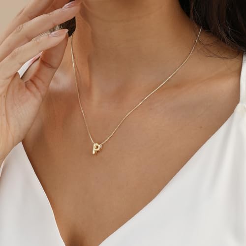 14K Gold Plated Bubble Letter Necklace, Tarnish Free and Waterproof Dainty Initial Necklace for Women, Trendy Personalized Gold Jewelry Gift for Her - color: Gold, style: P