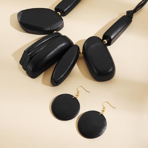 Coiris Chunky Statement Necklace and Earring Sets for Women Boho Wooden Necklaces Earrings Jewelry Set for Women - color: Black