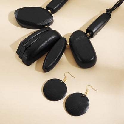 Coiris Chunky Statement Necklace and Earring Sets for Women Boho Wooden Necklaces Earrings Jewelry Set for Women - color: Black