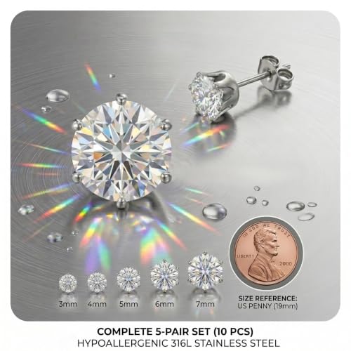 5 Pairs 316L Hypoallergenic Steel Cubic Zirconia Stud Earrings for Women | 3-7mm Stud Earrings Set Lead and Nickel Free Comfortable and Safe for Sensitive Ears Jewelry for Women