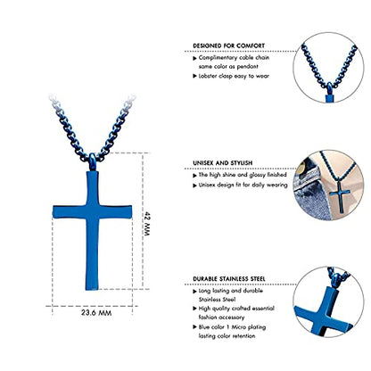 555Jewelry Stainless Steel Cross Adjustable Rolo Chain Pendant Necklace 16-28'' Inches - color: Blue