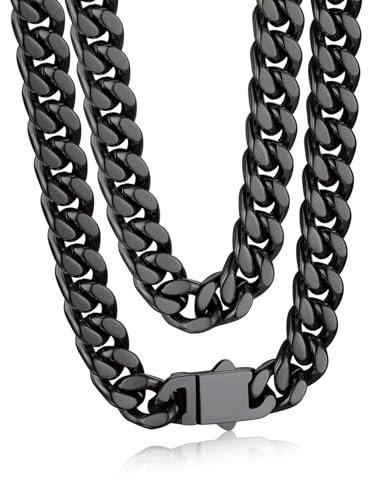 Bandmax Men's Premium Solid Stainless Steel Miami Cuban Link Chain Necklace | Waterproof Tarnish Resistant Chain, Silver Finish/Gold/Black Plated, Easy-open Clasp, 5/7/9/12MM, 18-30 Inches, With Gift Box - color: 09 9MM-Black Plated, size: 20 Inch (51cm)