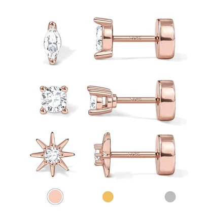 14K Gold Plated 925 Sterling Silver Flat Back Earrings Set | Hypoallergenic Cartilage Helix Conch Tragus Piercing Jewelry 3 Pairs Small Screw Dainty CZ Opal Earring Set Men Women - color: Rose Gold, Style B