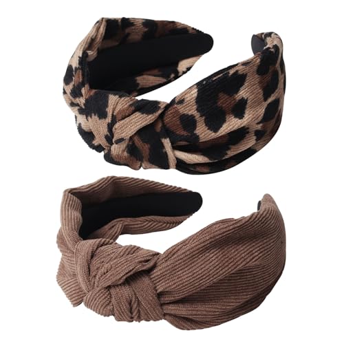 Cuizhiyu Leopard Print Knotted Headbands for Women Hair Aaccessories 2 Pack | Cute Wide Top Knot Headband, Fashion Brown Corduroy Knot Headband for Girls Women, Leopard Hair Accessories - color: Color A