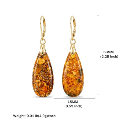 Natural Healing Teardrop Stone Leverback Dangle Drop Earrings Statement Gold earrings - color: Orange -Gold