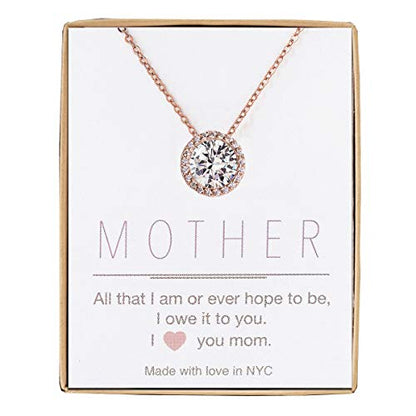 A+O Gift for Mom, Aunt, Grandma - Solitaire Halo Necklace in Gold, Rose Gold, Silver - style: MOTHER, Rose Gold