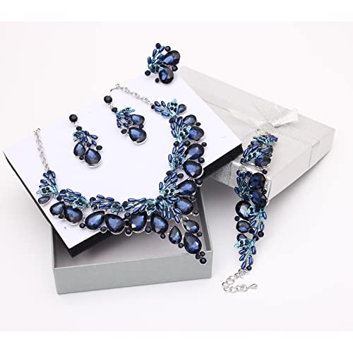 Jewelry Set for Women, Statement Necklace Dangle Earrings Bracelet Ring, White/KC Gold Plated Jewelry Set with Rhinestone Pearl Crystal Wedding Party Jewelry for Bridal Bridesmaid - color: Deep Blue-Platinum Plated