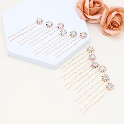 Ammei Crystal Bridal Hair Pins Clips Wedding Hair Accessories Hair Set Jewelry With Rhinestone For Brides and Bridesmaids Set Of 12 (AB Rose Gold) - color: AB Rose Gold