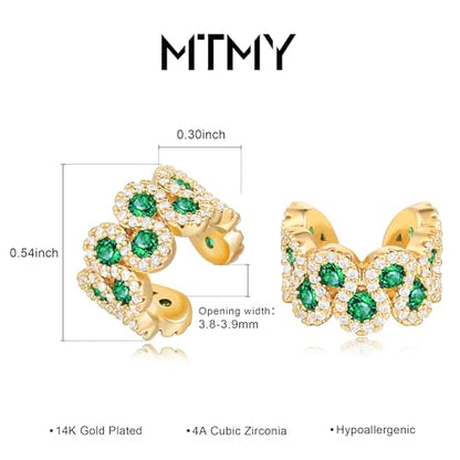 Gold Ear Cuff Earring for Women 14K Gold Plated Cubic Zirconia Non-Pierced Clip on Cartilage Chunky Ear Cuffs Hypoallergenic Jewelry - style: green cz / pair