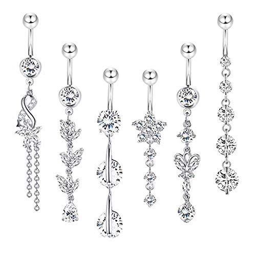 3-6PCS 14G 316L Stainless Steel Belly Button Rings for Women Navel Rings Barbell Dangle Flower CZ Body Piercing - color: D: 6 Pcs Silver-tone