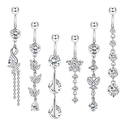 3-6PCS 14G 316L Stainless Steel Belly Button Rings for Women Navel Rings Barbell Dangle Flower CZ Body Piercing - color: D: 6 Pcs Silver-tone