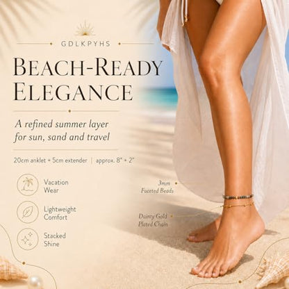 2Pcs Beaded Anklets for Women, Natural Stone Bead Ankle Bracelets with 14K Gold Plated Chain, Waterproof Adjustable Layered Anklet Set, Boho Beach Summer Jewelry Gift - color: Indian Agate