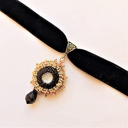 Brown Yellow Orange Beadwoven Sunburst Floral Pendant Velvet Choker Embroidered Flower Fall Autumn