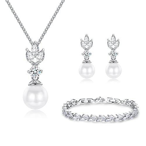 Wedding Jewelry for Bride Bridesmaid, Pearl Dangle Earrings and Pendant Necklace Set Bridal Jewelry for Promise Wedding Party - color: 1#Silver-1 Set-Necklace/Bracelet/Earrings