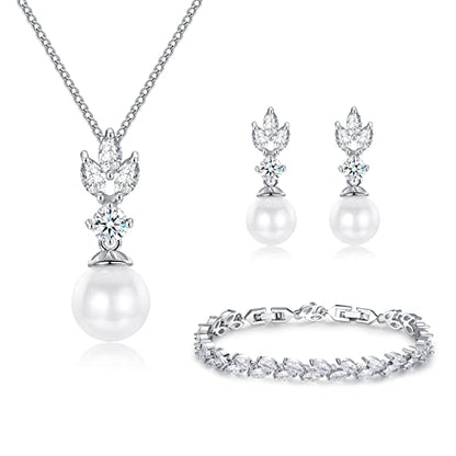 Wedding Jewelry for Bride Bridesmaid, Pearl Dangle Earrings and Pendant Necklace Set Bridal Jewelry for Promise Wedding Party - color: 1#Silver-1 Set-Necklace/Bracelet/Earrings